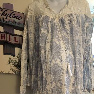Blue and white lace paisley maternity blouse